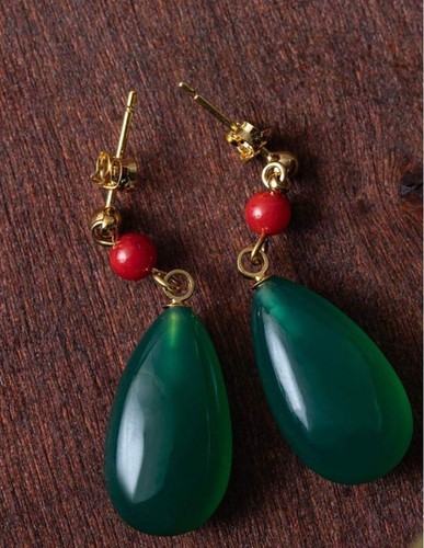 Howl's Moving Castle Earrings Green Agate Silver 925 Studio Ghibli Natural Stone - Picture 13 of 22