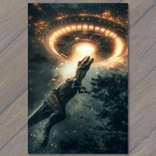 Art Print UFO Dinosaur Alien Flying Saucer T Rex Weird Unusual Strange Funny
