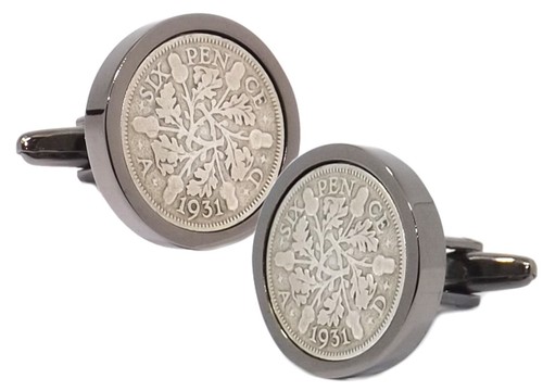 1931 Sixpence Coins Gun Metal Plate Setting Men 87 Years Gift - CUFFLINKS DIRECT - Picture 3 of 8