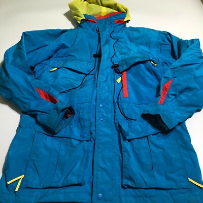 Vtg 90s HELLY HANSEN Nylon Color Blocked Ski Jacket Mens Small Blue Hood FLAWS