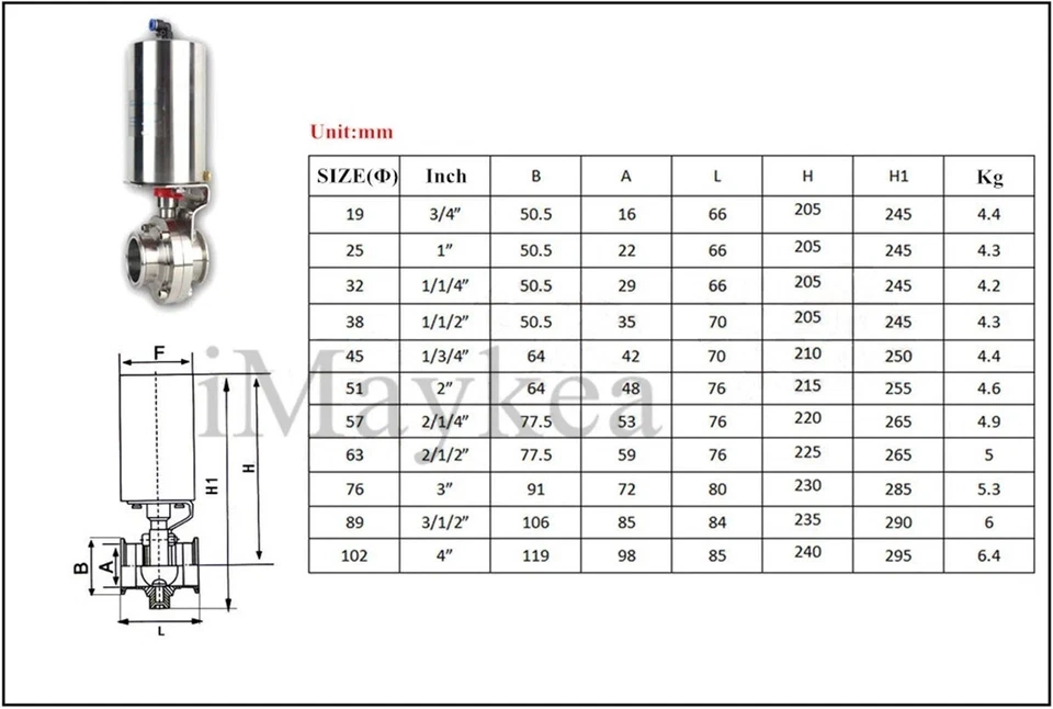 2-1/2" Tri Clamp OD 77mm Sanitary Butterfly Valve With Pneumatic Actuator SS30 - Image 2 of 2