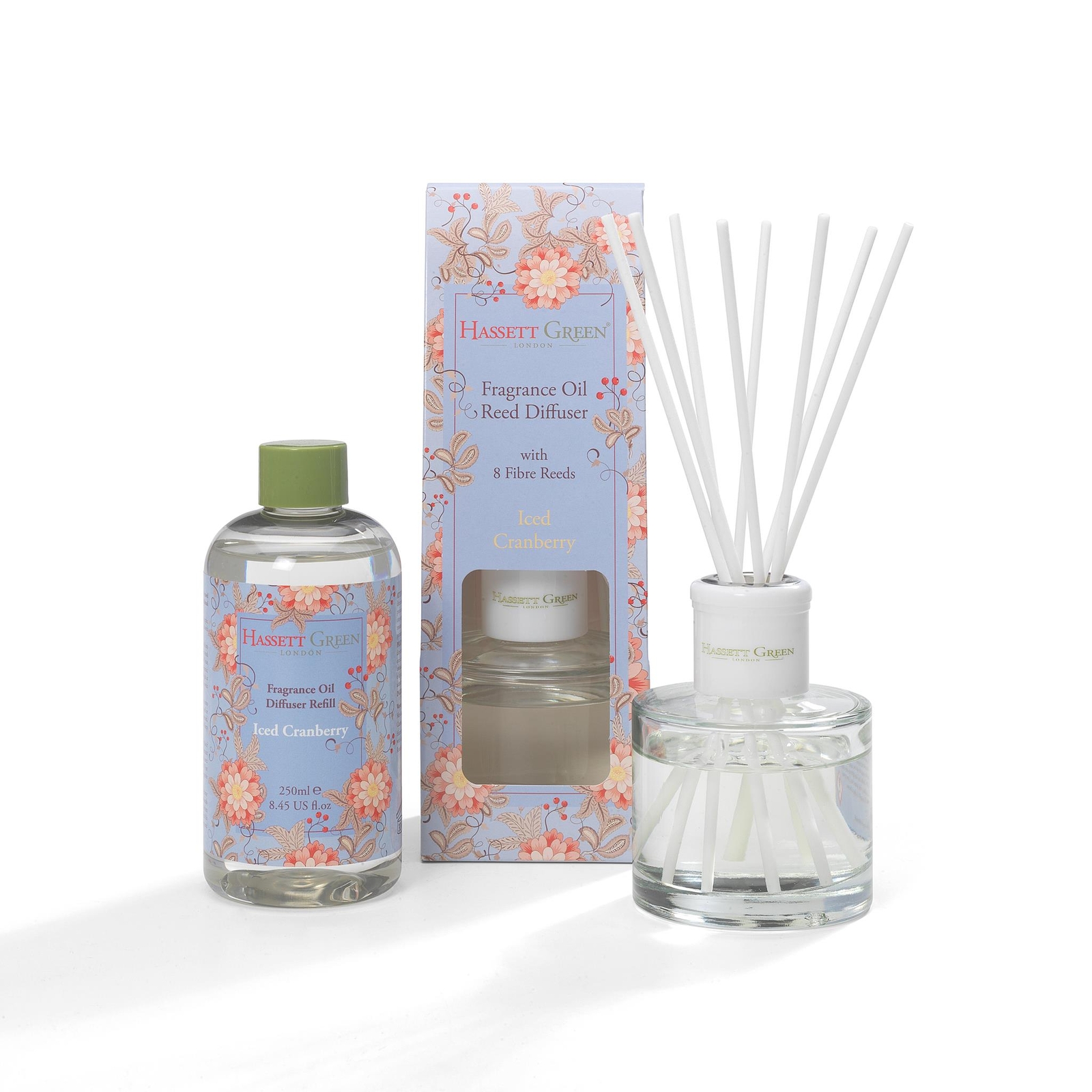 Hassett Green London Iced Cranberry Reed Diffuser & Refill Set | 100ml glass diffuser, 8 fibre reeds & 250ml refill, Green apple, red berries & vanilla, Alcohol-free, UK made, Vegan - Image 2