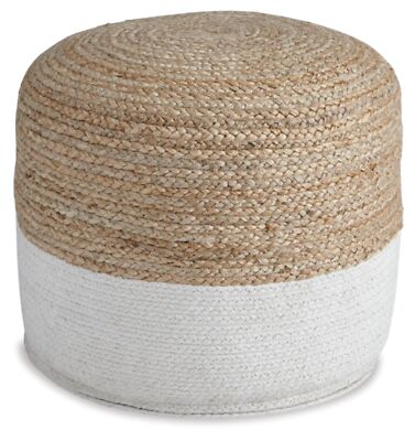 Signature Design by Ashley  Jute & Cotton Pouf, 19 x 19 Inches, Beige & White