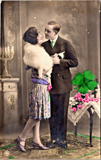 RPPC Hi Tint Flapper Couple Fur Stockings Hair Clover Studio Pose P.UN. (N329)