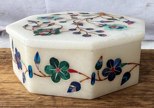 Marquetry Malachite Lapis Floral Hakik Marble Jewelry Box with Handmade Inlay - Picture 7 of 10