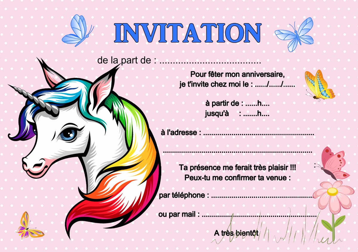 Carte Anniversaire Licorne à Imprimer 5 - 12 ou 14 ou 20 cartes invitation anniversaire licorne réf 462 | eBay