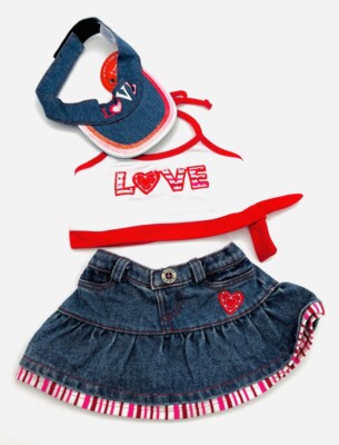 Build A Bear Outfit Red & White ''Love'' Halter Top & Jean Skirt w/ Pink  Visor