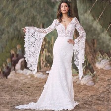 Boho Lace Mermaid Wedding Dresses V-Neck Long Sleeve Backless Bridal Gowns New