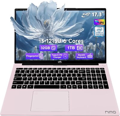 NIMO 17.3 IPS FHD Laptop Computer Intel 6 Core i3-1215U 32GB RAM 1TB SSD 4.4GHz