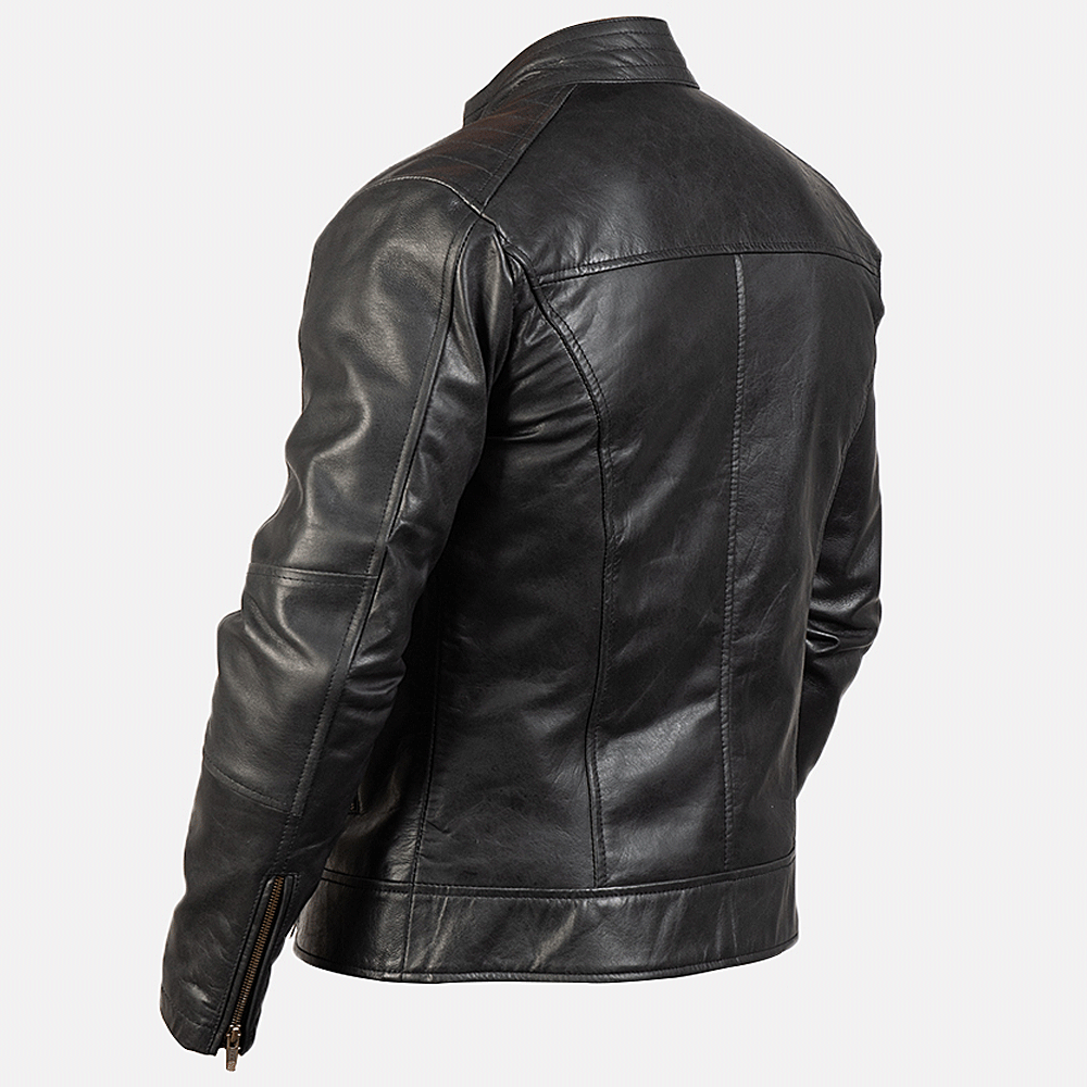 Black Leather Motorcycle Jacket With Snap Button And Zipper