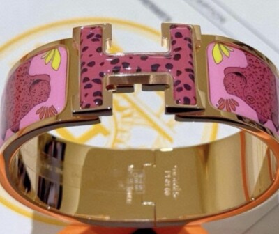 Hermes Clic H White Enamel  Rose Gold Cadrege Au Files Horse Wide Bracelet