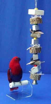 WWW.PRETTYPARROT.COM PARROT BIRD CHEW TOY for Cage Bark-Kabob on chain refillable wood leather