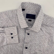 David Donahue Dress Shirt Mens 16.5 34/35 White Blue Trim Fit Geometric Print