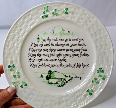 Belleek Porcelain Irish Blessing Plate Shamrocks Embossed Basketweave - 8 1/2''