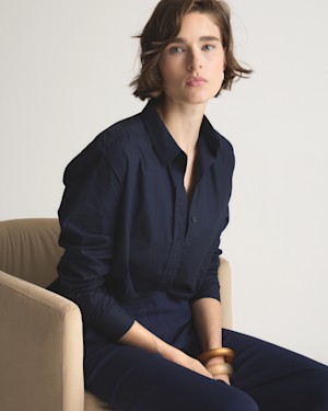 Quince Women 100% Organic Cotton Poplin Long Sleeve Shirt Blue L