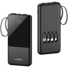 Portable Charger with Built in Cables,10000mAh Slim USB C Power Bank, Black