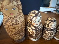 1983 Russian nesting doll matryoshka featuring wood-burning Design Folk Art