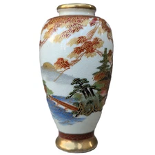 Koshida 越田 Japanese Satsuma Ceramic Vase Pagoda Bridge Landscape Maple Leaves