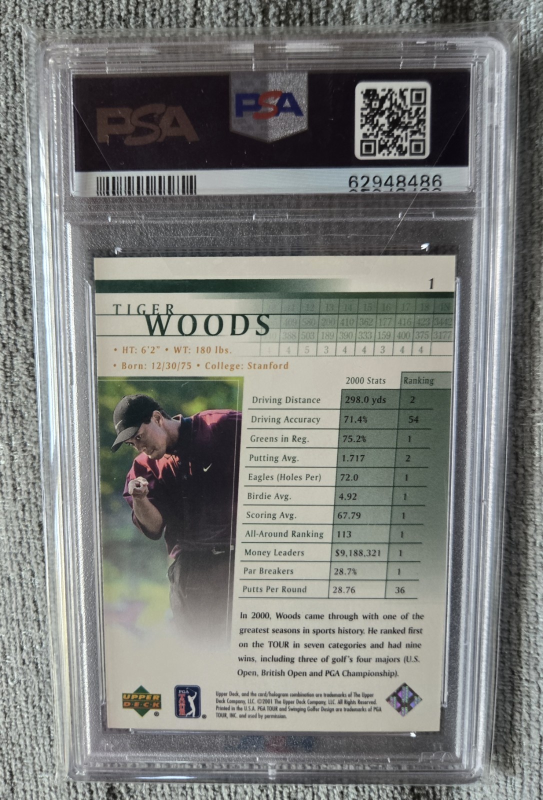 2001 UPPER DECK GOLF TIGER WOODS #1 PSA 10 GEM MT ROOKIE RC view 2