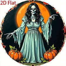 8" Gothic Zombie Lady & Pumpkin Metal Plaque