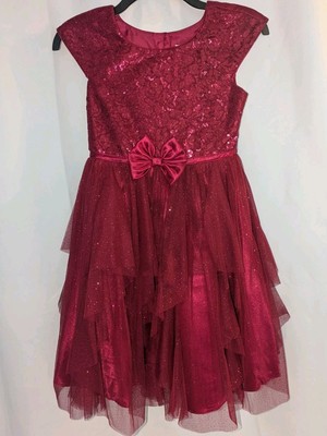 Lona Michelle Girls Dark Red Dress Size 10 Sequin Glitter Layered Tulle Pretty