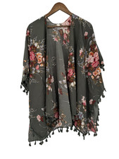 One Size Grey floral coverup tassels fringe kimono boho festival spring cottage