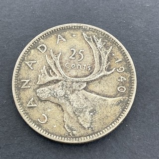 Canada 1940 25 Cents 25c Canadian Caribou Quarter Coin 80% Silver ASW .150oz