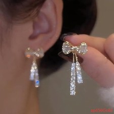 Bow Full Diamond Tassel Earrings, Elegant Fashion Jewelry for Women, Wholesale