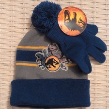 Jurassic World Boys' Blue Gray Knit T-Rex Hat  Gloves Set Pom-pom Logo Striped