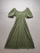 Gap Women Maxi Dress XS Green Smocked Waist Puff Sleeve Lined Pleated Party Wear
