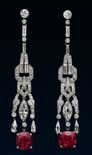 Image of Art Deco Inspired Rubies and Cubic Zirconia Dangling 925 Silver Women's Earrings