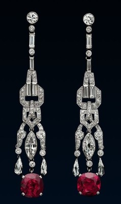 Art Deco Inspired Rubies and Cubic Zirconia Dangling 925 Silver Women's Earrings