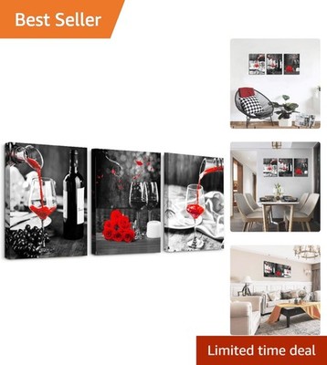 Art Deco Inspired Black and White 3-Piece Canvas Wall Decor with Red Roses