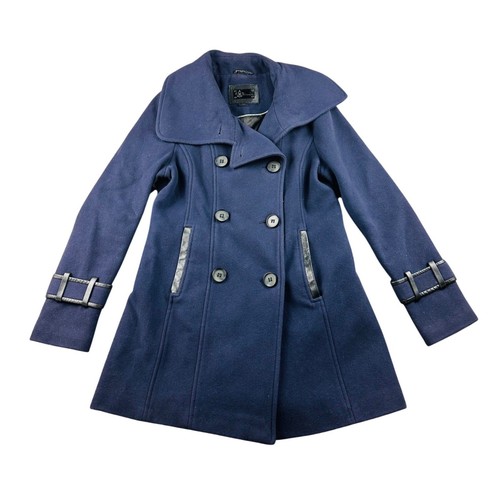 Mackage Peacoat Women L Blue Wool Cashmere Leather Trim Canada Luxury Winter