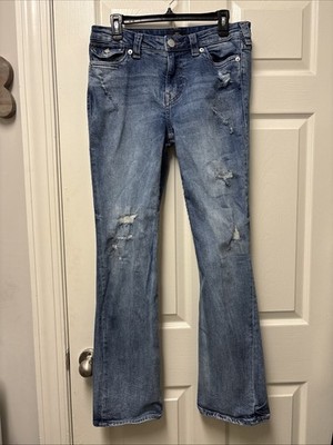 True Religion Women s Joey Mid Rise Flare Jeans Distressed Flap Pockets Size 30