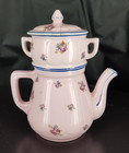 ancienne cafetière de couleur rose motif fleurs pivoines , terre d'acier Revol