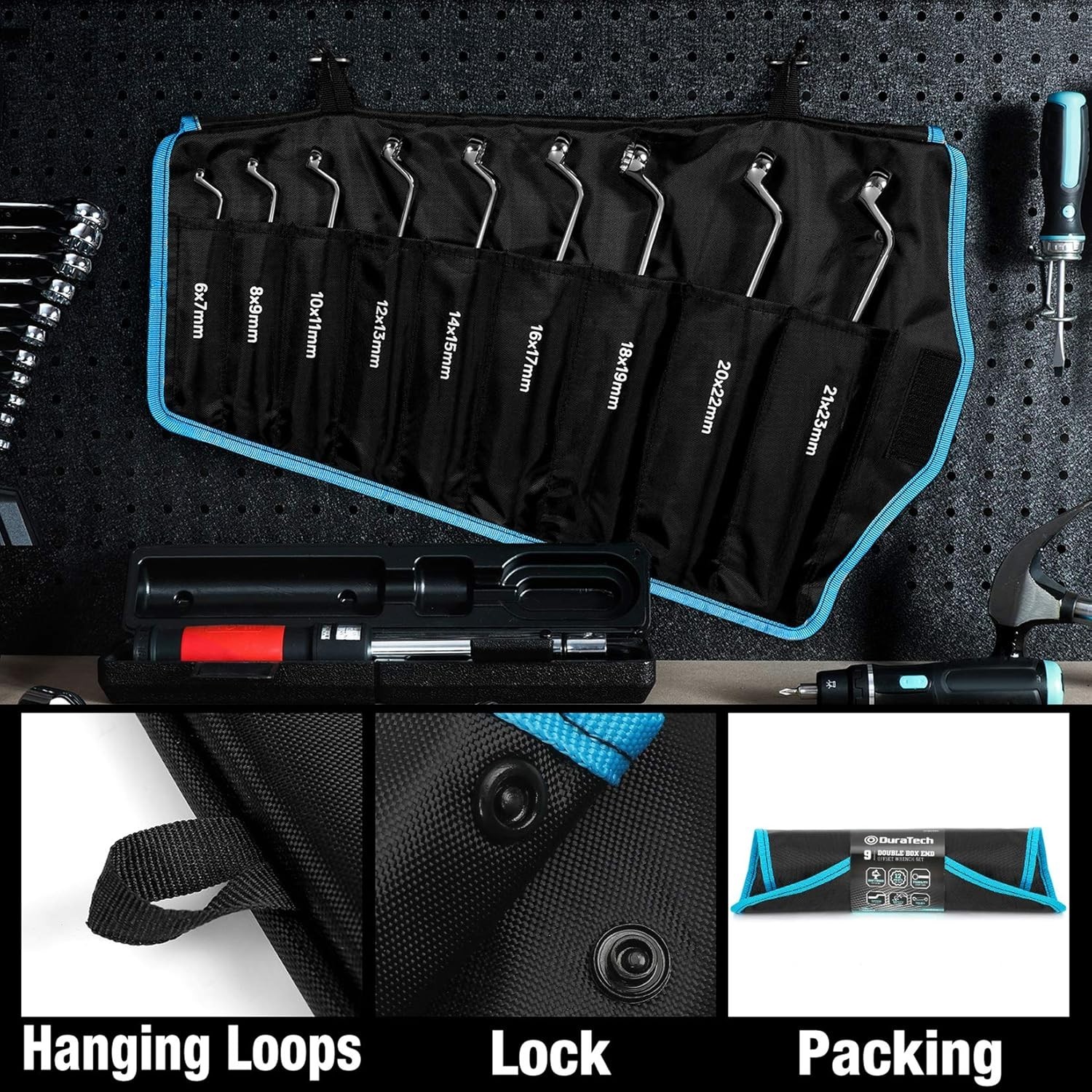 Offset Box Wrench Set, 9-Piece Metric, CR-V Steel with Rolling Pouch