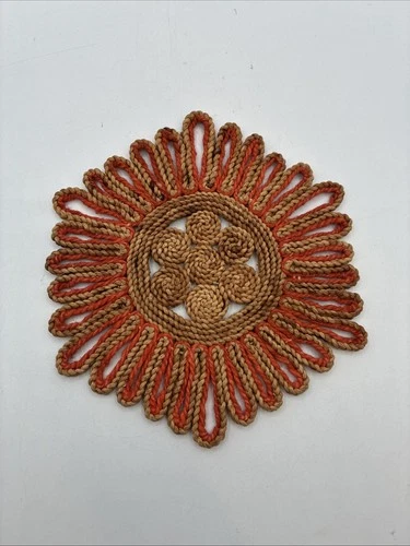 Vintage Trivet Woven Trivet Orange Floral Retro 70s Handmade - product listing photo
