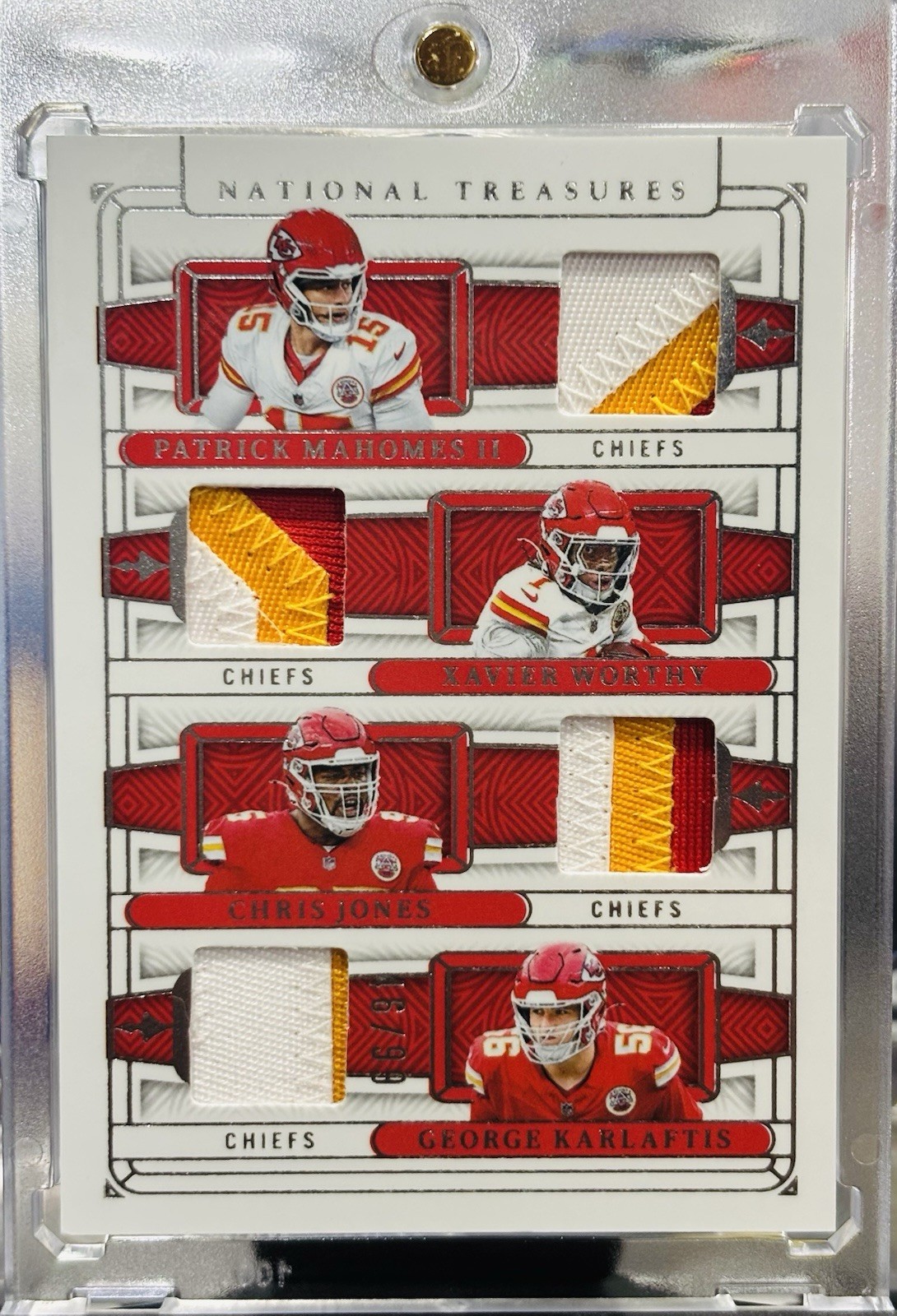 💥2025 National Treasures Quad Materials KC Chiefs - Mahomes, Jones, Worthy view 2