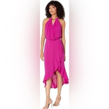 XSCAPE color orchid Midi Crepe Ruffle Blouson size 14 (b24.6)