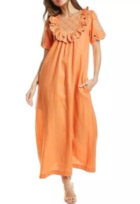 Innika Choo 'Betty Diddin' embroidered ruffle yoke linen maxi dress Size 1  US4-6 | eBay