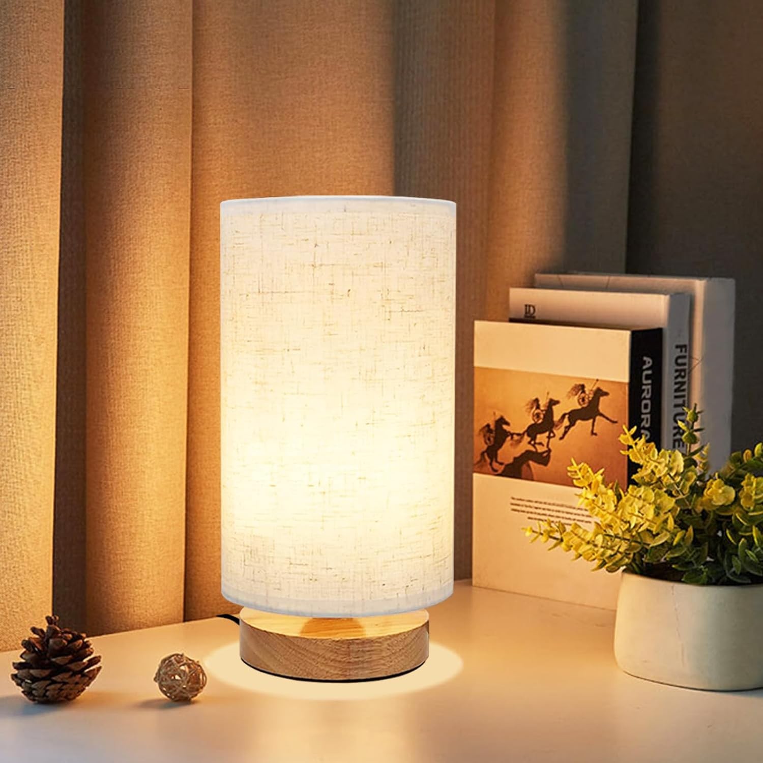 Small Bedside Table Lamp for Bedroom, Minimalist Wood Base & Round Fabric Shade