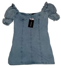 Puff Sleeve Denim Mini Dress Pretty Little Things Jean Ruffle Off-Shoulder Sz 10