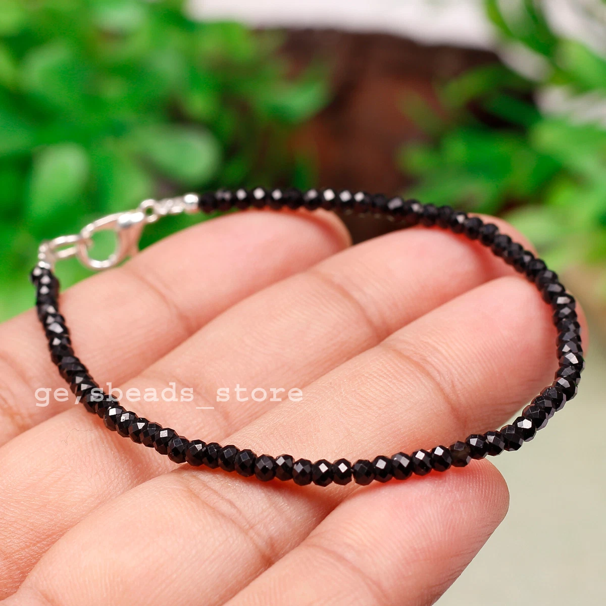 Bracciale con spinello nero sfaccettato, perline in argento sterling, stile tennis unisex - Italia
