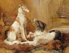 Two wolf hounds indoors Oil painting Giclee Printed on Canvas L3556