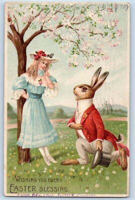 Easter Postcard Blessings Pretty Girl Anthropomorphic Rabbit Kneeling Flowers