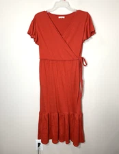 Max Studio Dress Womens M Red Faux Wrap Midi Flutter Sleeve Tiered Hem Stretch