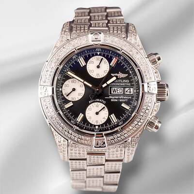 Breitling Superocean 42mm Black Dial 6ct Iced Out Diamond Mens Watch A13381