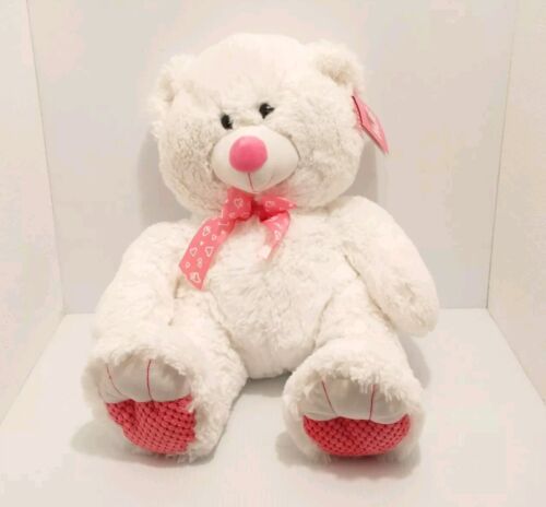 Valentine’s White Plush Teddy Bear Lg Pink Ribbon Stuffed Animal Great Gift NWT