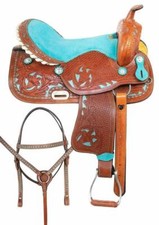 100 Genuine Turquoise -Brown Saddle, Traditional Leather Western Barrel Racing